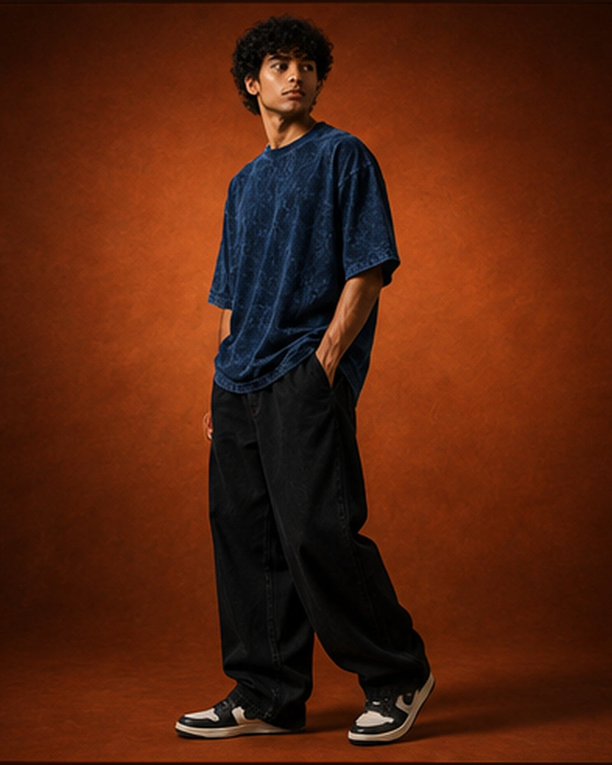 UpClothing Core Wash 240 Navy acid wash oversized T-shirt — editorial hero, full-frame 4:5