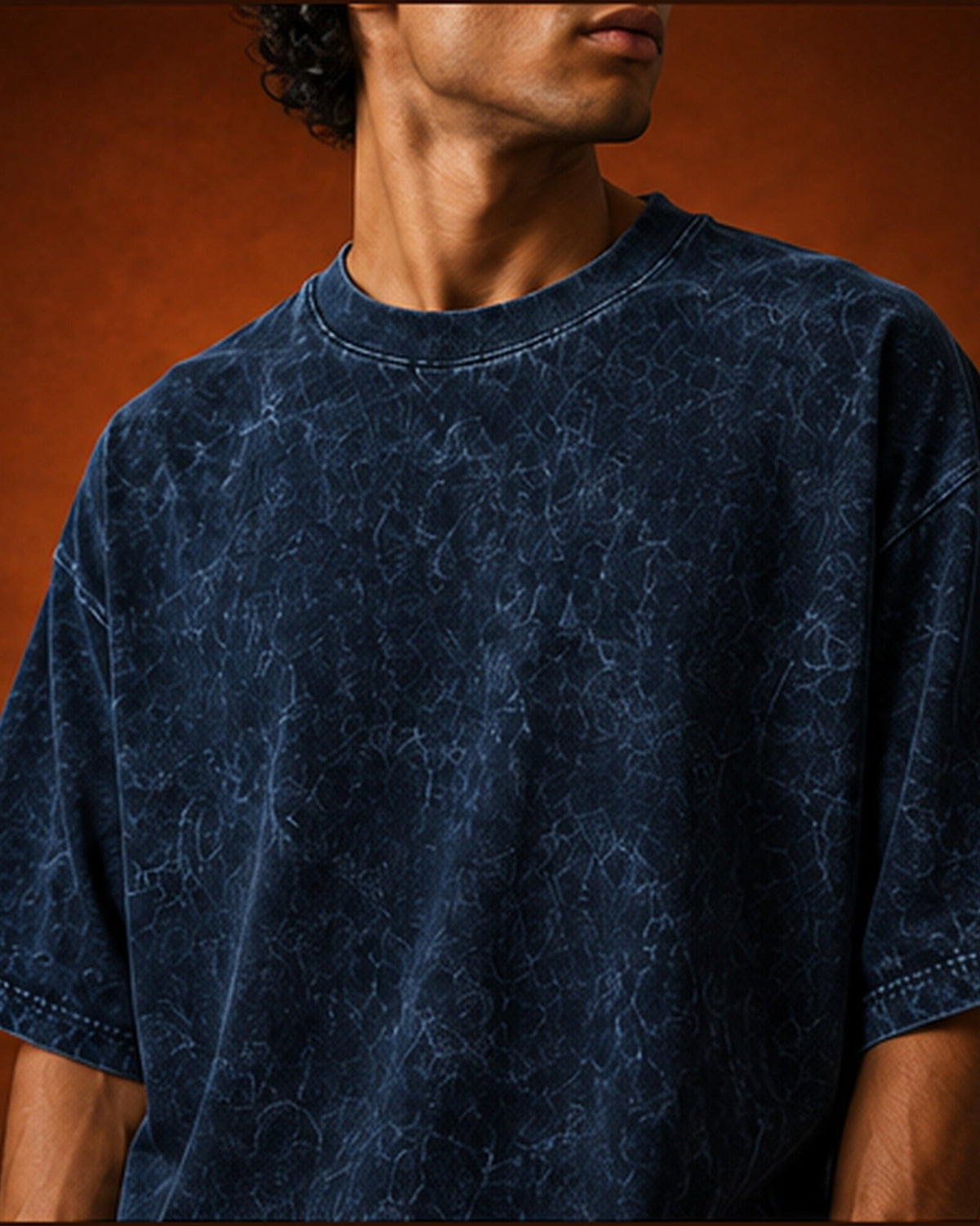 UpClothing Core Wash 240 Navy acid wash oversized T-shirt — torso crop, full-frame 4:5