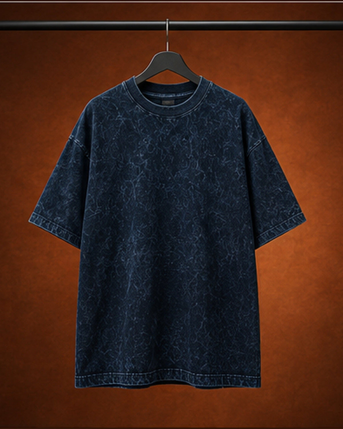 UpClothing Core Wash 240 Navy acid wash oversized T-shirt — hanger product view, full-frame 4:5