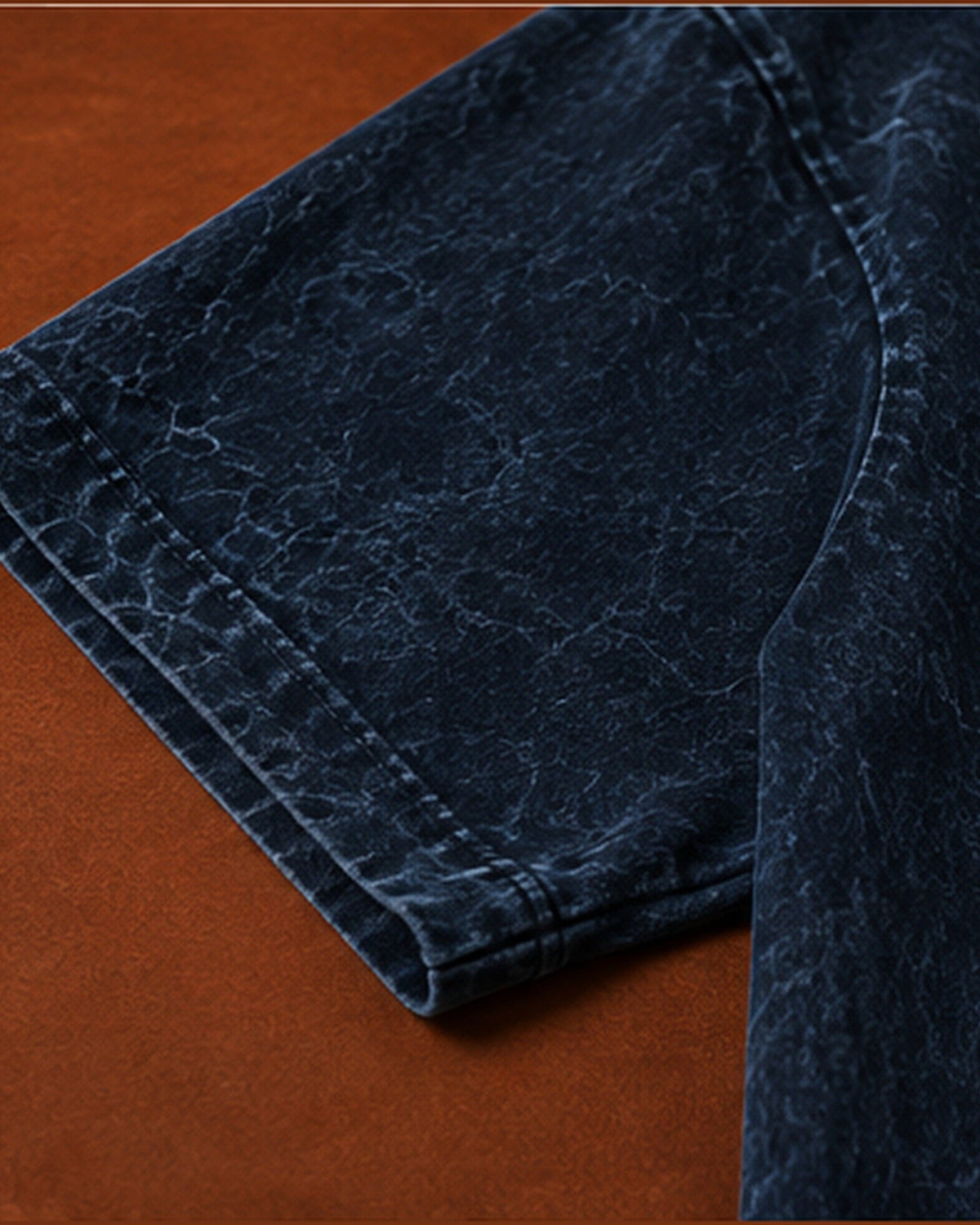 UpClothing Core Wash 240 Navy acid wash oversized T-shirt — sleeve construction detail, full-frame 4:5