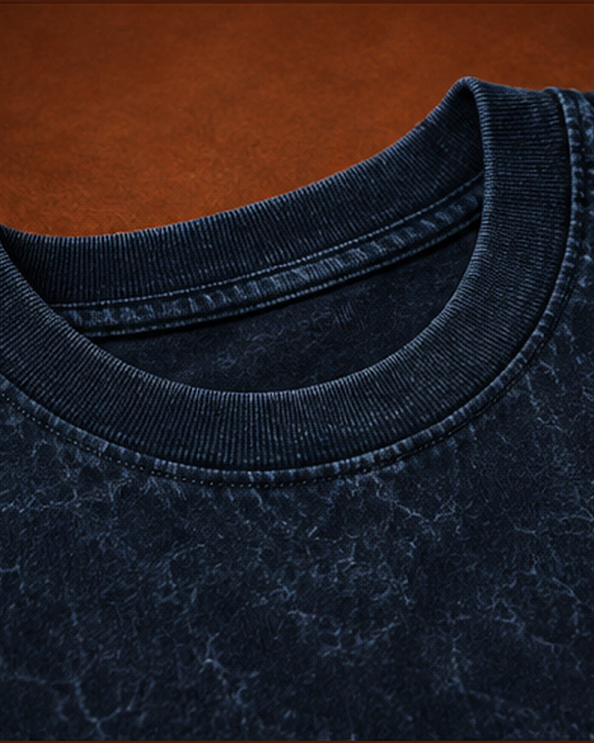UpClothing Core Wash 240 Navy acid wash oversized T-shirt — collar and 240 GSM fabric detail, full-frame 4:5