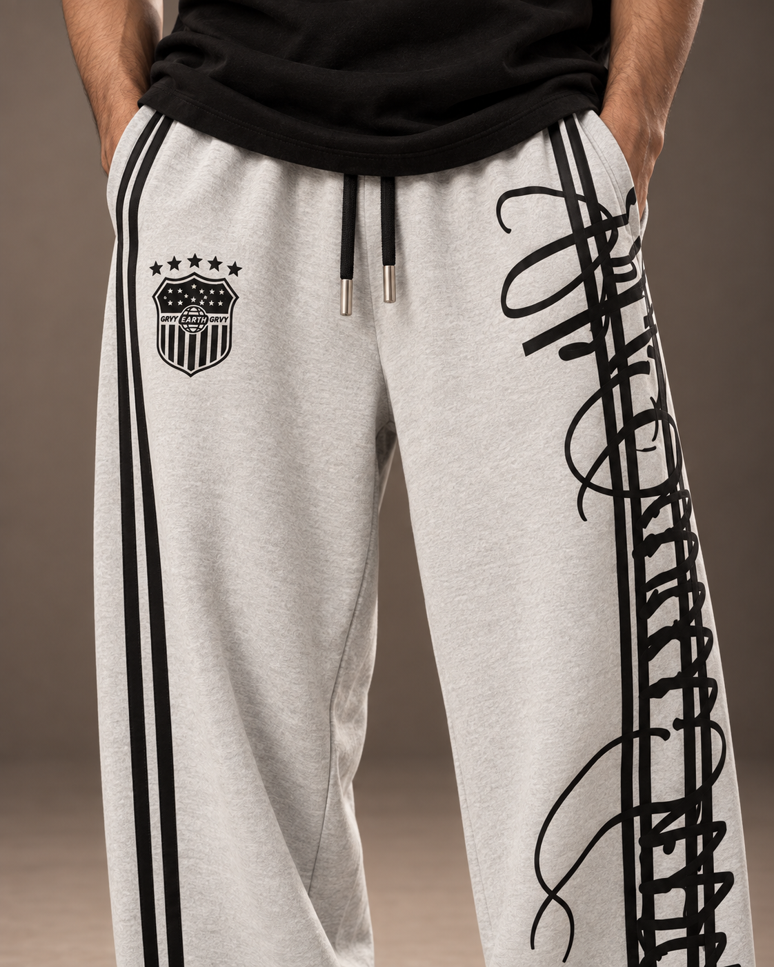 GRVY Script Barrel Joggers Ash Grey graphic and waistband close-up