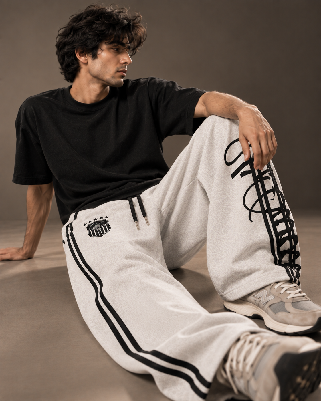 GRVY Script Barrel Joggers Ash Grey seated styling view