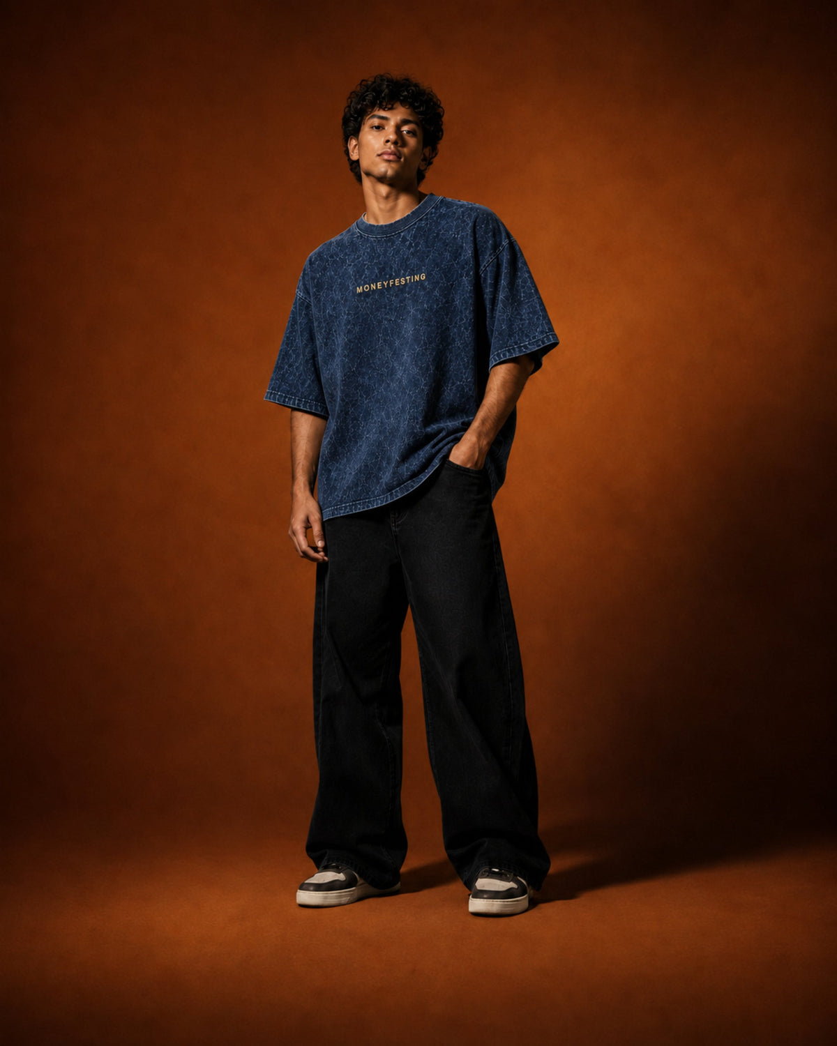UpClothing Moneyfesting 240 Midnight navy acid wash oversized T-shirt — editorial model view, full-frame 4:5