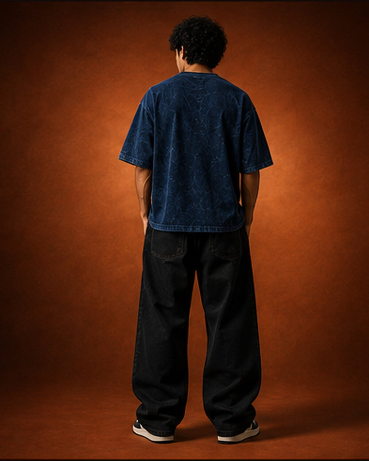UpClothing Moneyfesting 240 Midnight navy acid wash oversized T-shirt — back full-body view, full-frame 4:5