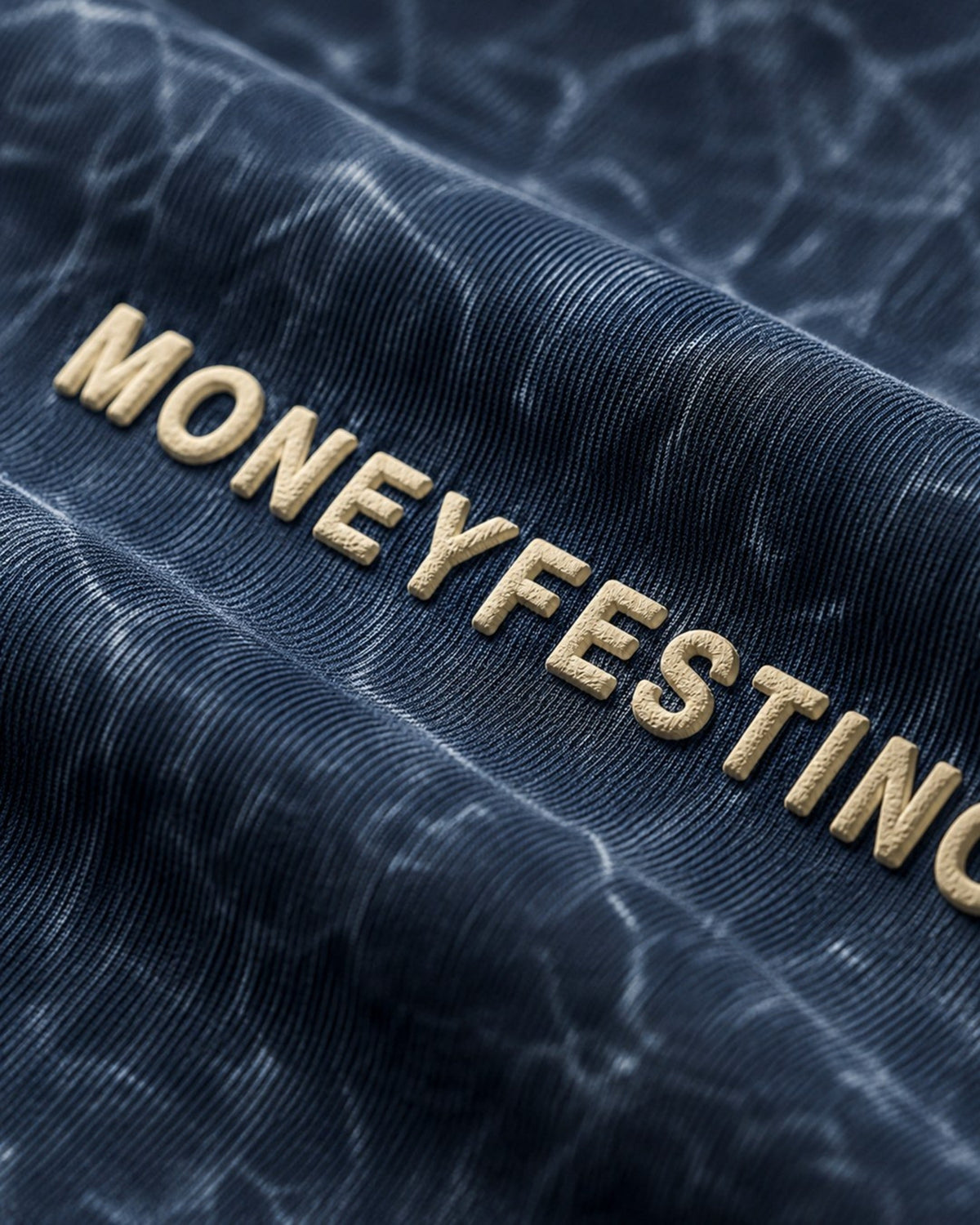 UpClothing Moneyfesting 240 Midnight navy acid wash oversized T-shirt — raised puff-print detail, full-frame 4:5