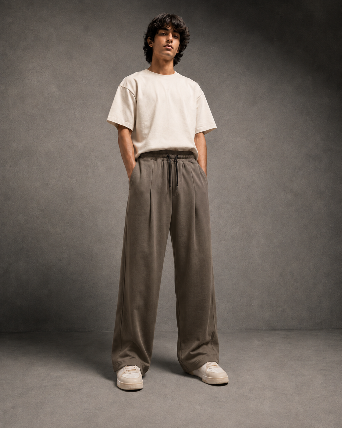 UpClothing Seoul Pleat Wide-Leg Joggers in Mocha front view