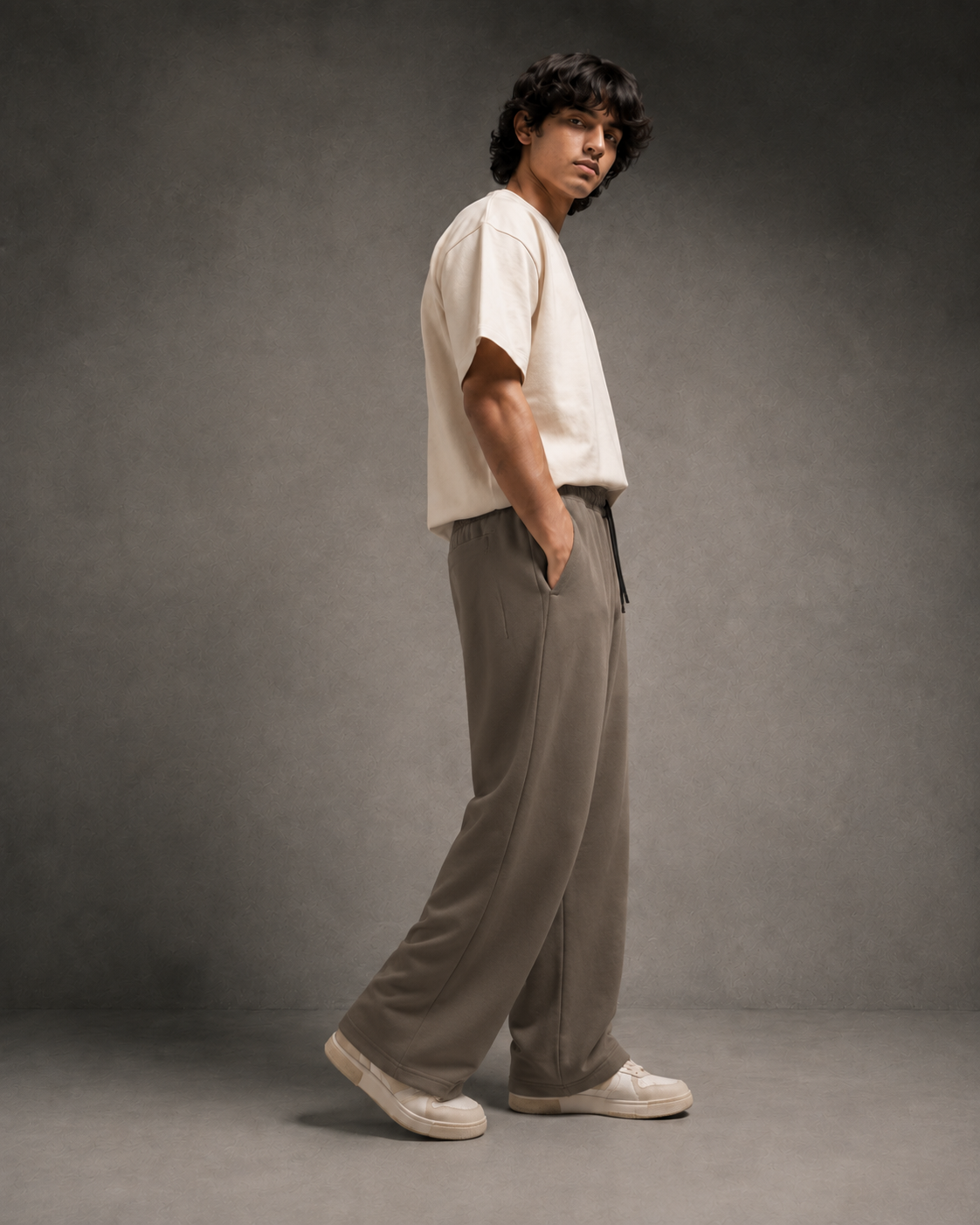 UpClothing Seoul Pleat Wide-Leg Joggers in Mocha three-quarter view