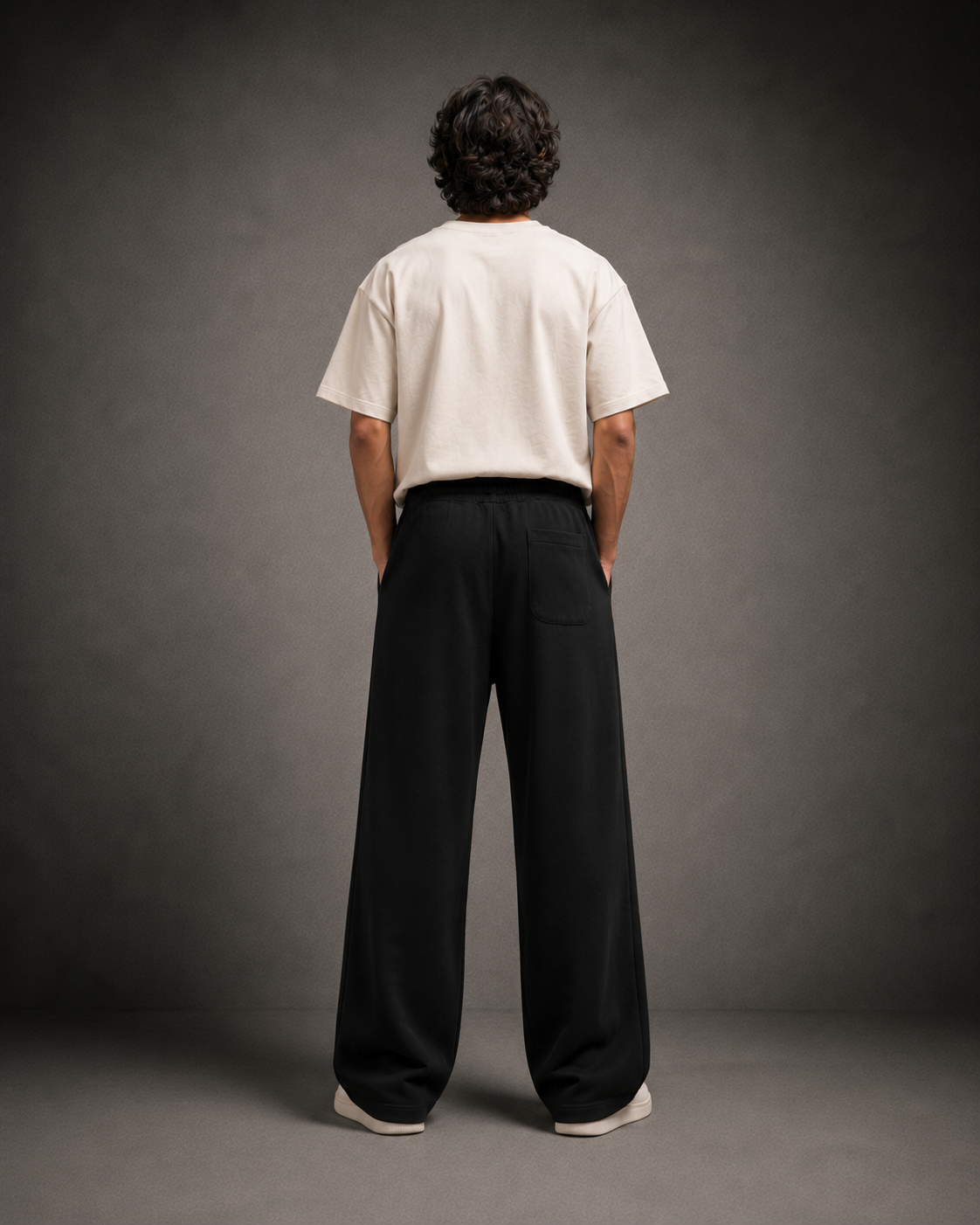 UpClothing Seoul Pleat Wide-Leg Joggers in Onyx back view with patch pocket