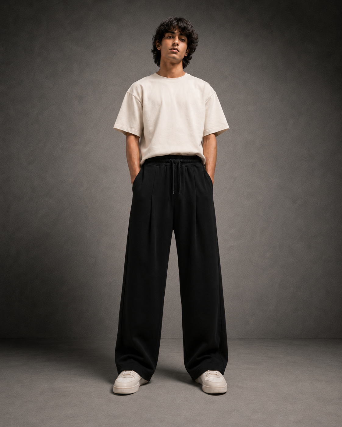 UpClothing Seoul Pleat Wide-Leg Joggers in Onyx front view