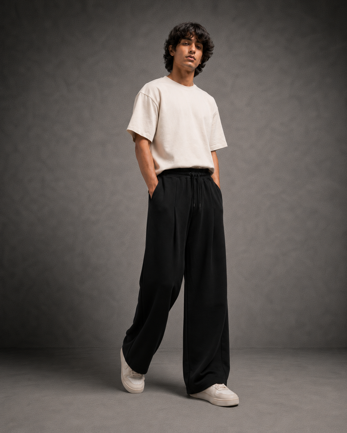 UpClothing Seoul Pleat Wide-Leg Joggers in Onyx three-quarter standing view