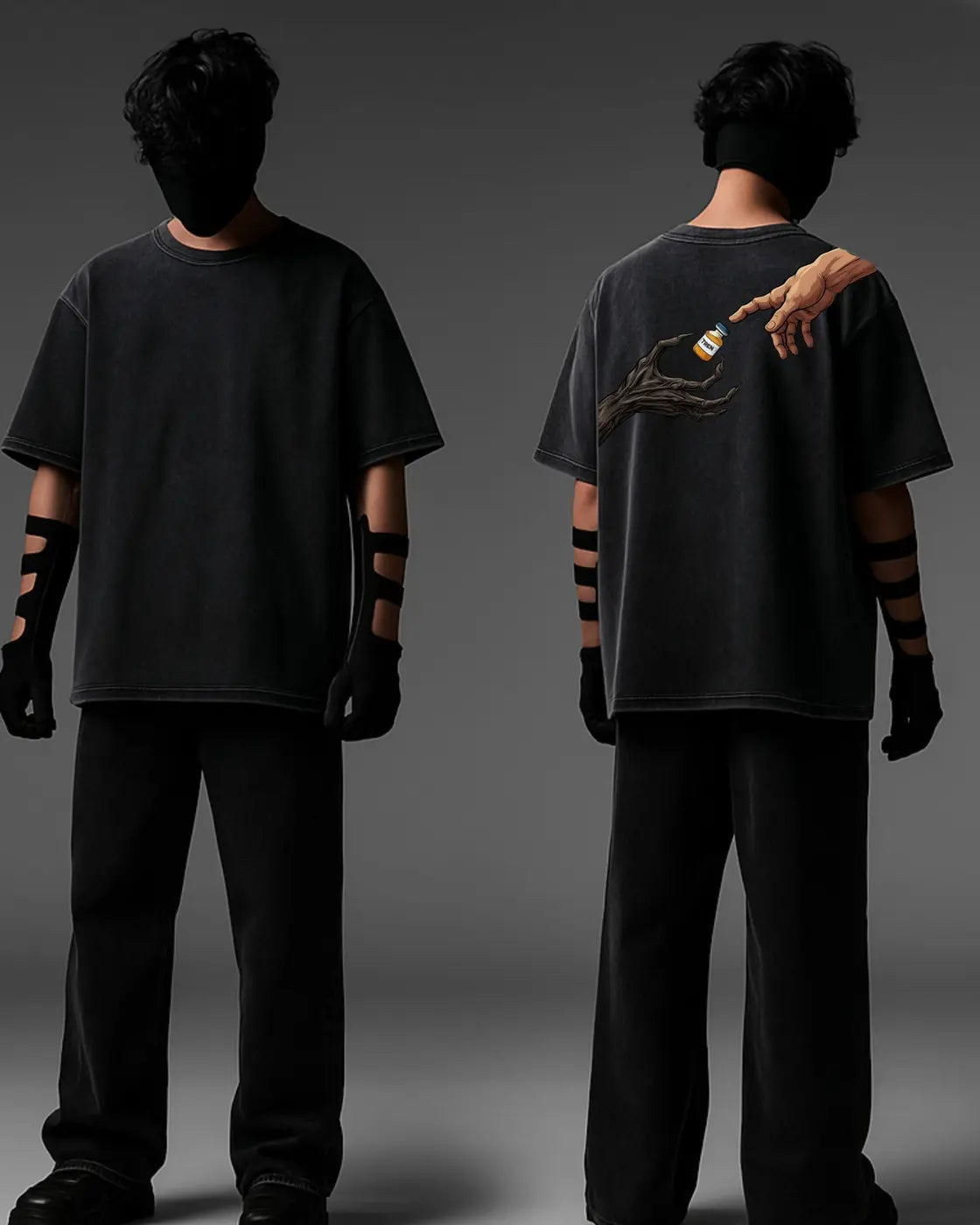 Tren Mode Onyx oversized acid-wash T-shirt — front and back model view