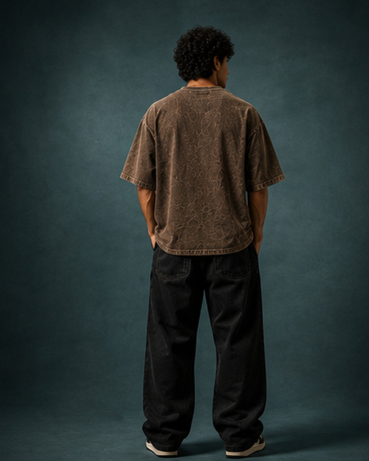 UpClothing Core Wash 240 Brown acid wash oversized T-shirt — back full-body view on teal slate studio backdrop
