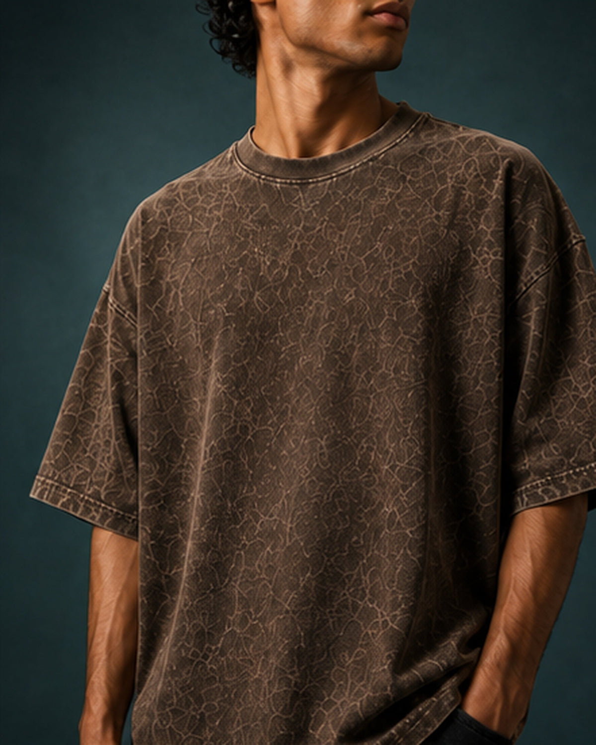 UpClothing Core Wash 240 Brown acid wash oversized T-shirt — torso crop showing acid-wash texture and oversized drape