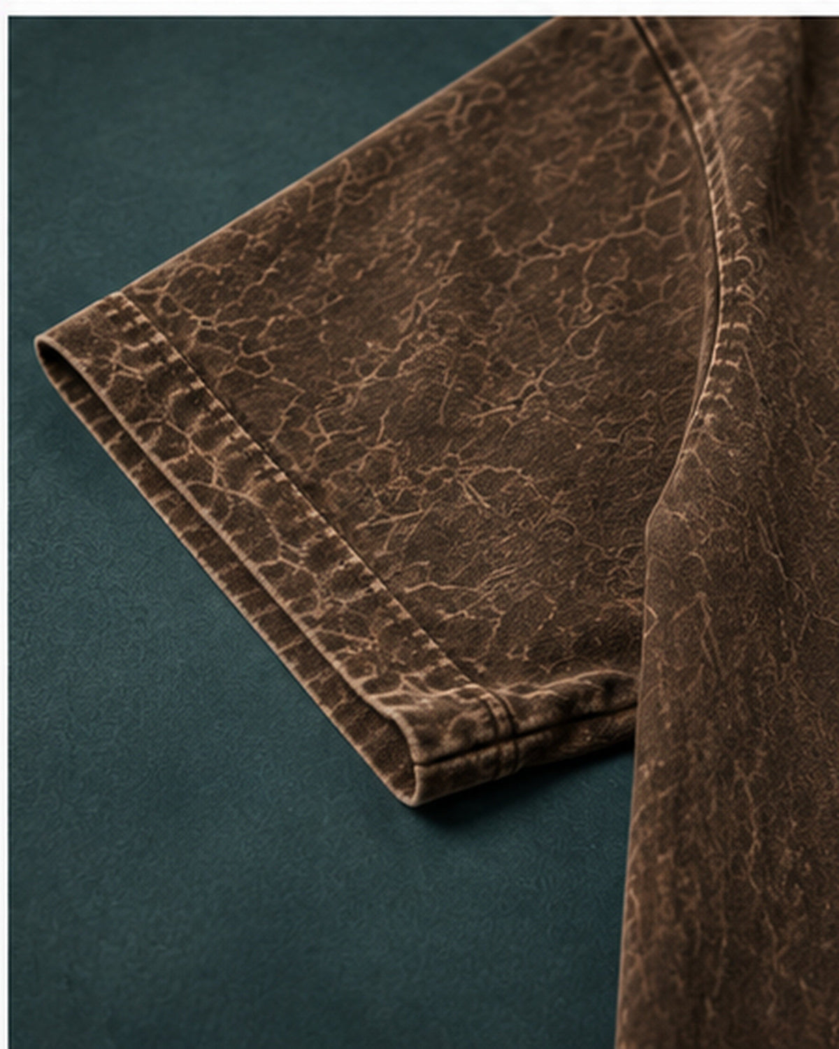 UpClothing Core Wash 240 Brown acid wash oversized T-shirt — sleeve, hem and stitching construction detail