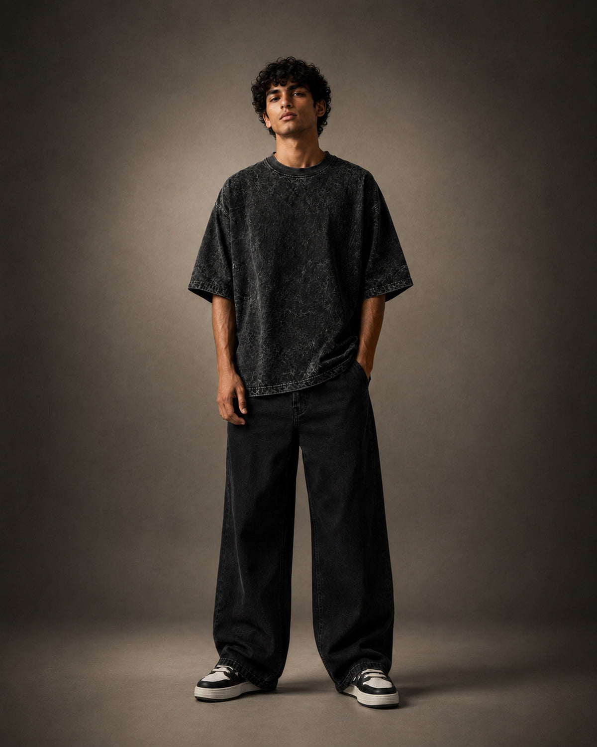 UpClothing Core Wash 240 Onyx Black acid wash oversized T-shirt — front full-body hero