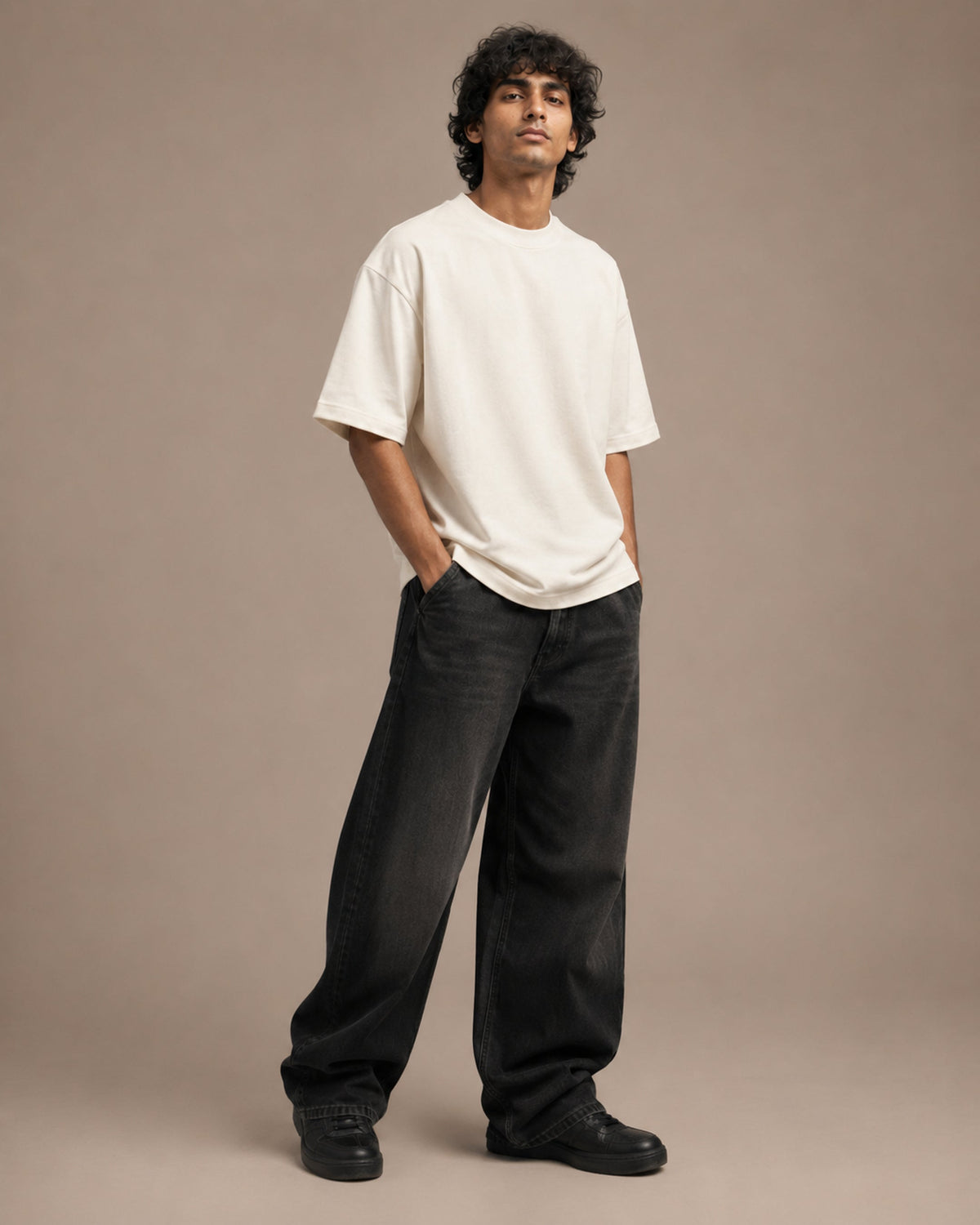 UpClothing Core 240 Bone off-white heavyweight oversized T-shirt — three-quarter model view