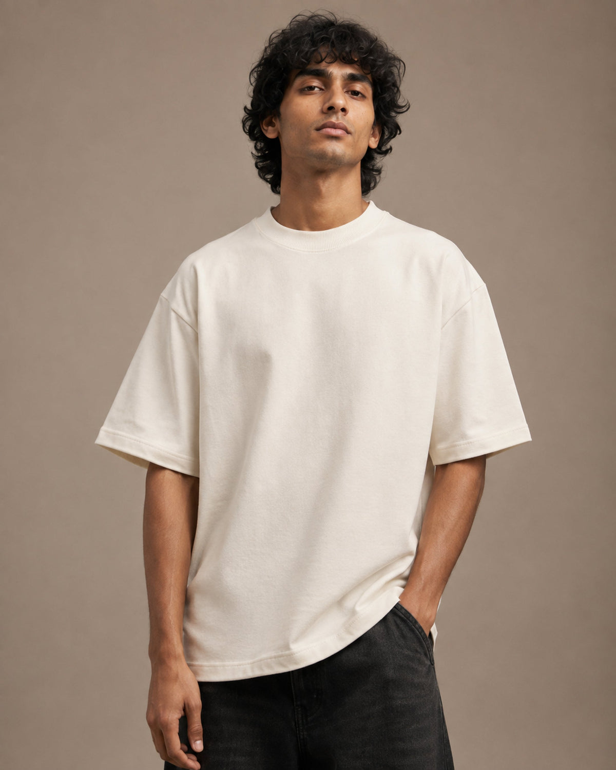 UpClothing Core 240 Bone off-white oversized T-shirt — torso fit detail