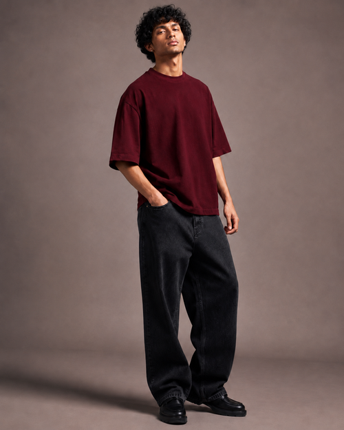 UpClothing Core 240 Cherry Cola heavyweight oversized T-shirt — three-quarter model view