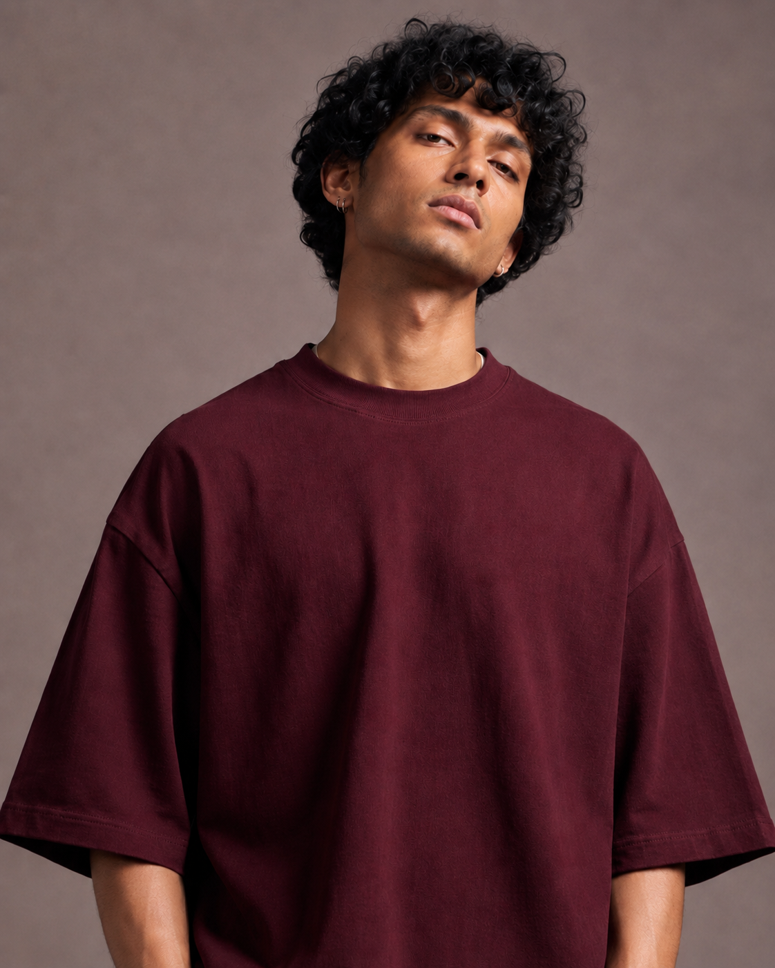 UpClothing Core 240 Cherry Cola heavyweight oversized T-shirt — torso fit detail