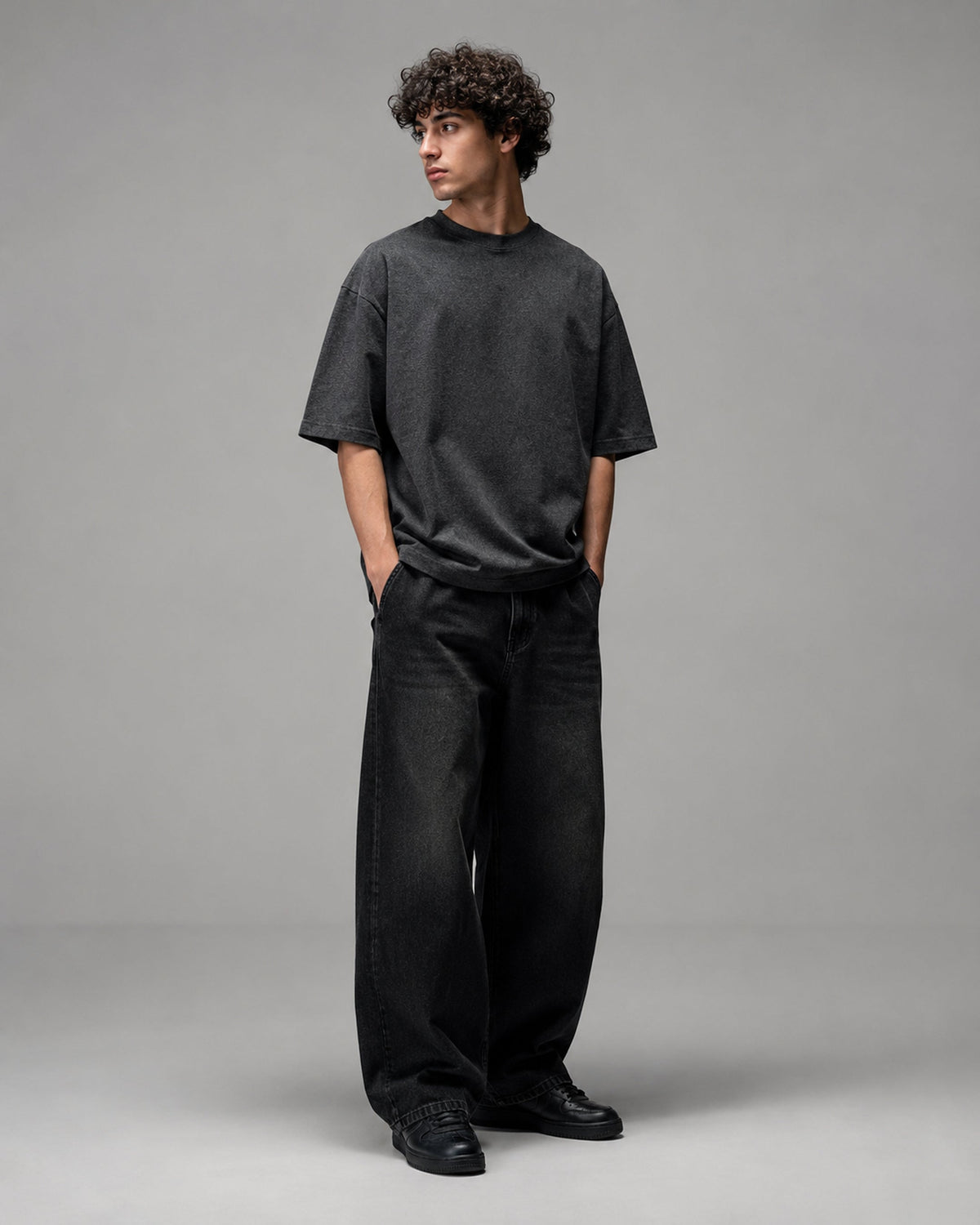 UpClothing Core 240 Graphite dark charcoal melange heavyweight oversized T-shirt — three-quarter model view