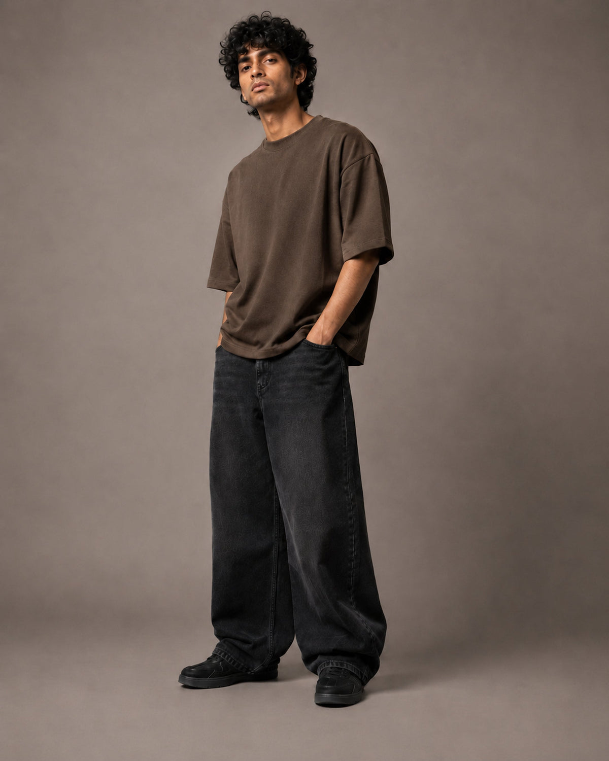 UpClothing Core 240 Mocha brown heavyweight oversized T-shirt — three-quarter model view