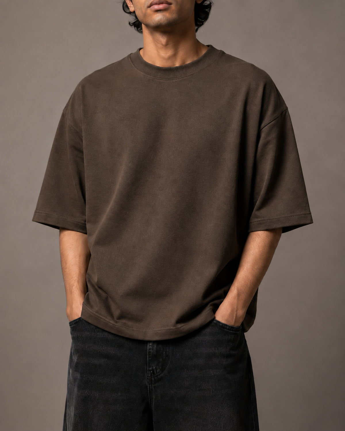 UpClothing Core 240 Mocha brown heavyweight oversized T-shirt — torso fit detail