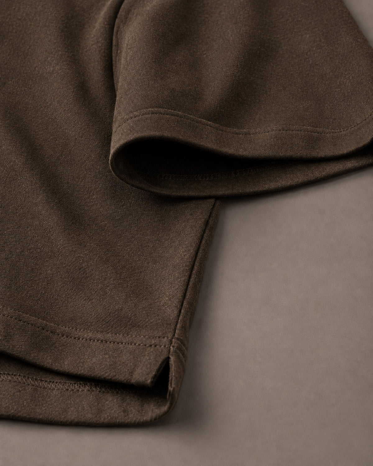 UpClothing Core 240 Mocha brown heavyweight oversized T-shirt — sleeve and hem construction detail