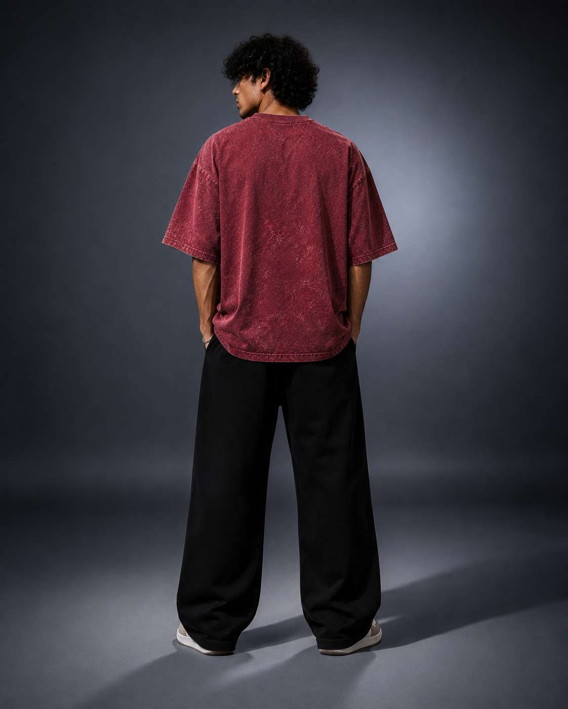 UpClothing Don't Hate Me 240 Cherry Cola acid wash oversized T-shirt — back full-body on Storm Blue-Grey backdrop