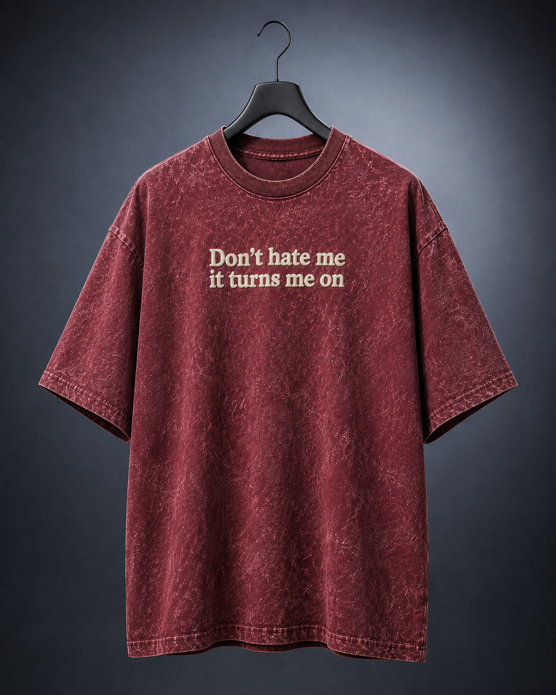 UpClothing Don't Hate Me 240 Cherry Cola acid wash oversized T-shirt — hanger product view on Storm Blue-Grey backdrop