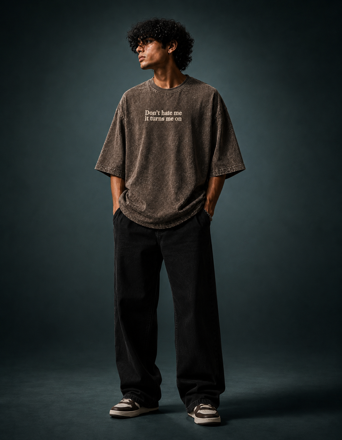 UpClothing Don't Hate Me 240 Mocha Brown acid wash oversized T-shirt — front hero on Teal Slate backdrop