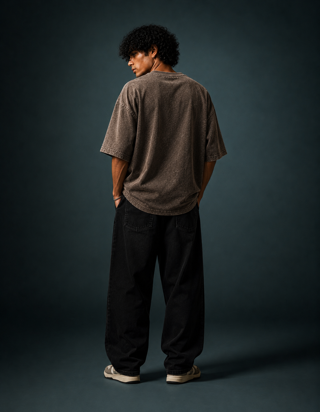 UpClothing Don't Hate Me 240 Mocha Brown acid wash oversized T-shirt — back full-body on Teal Slate backdrop