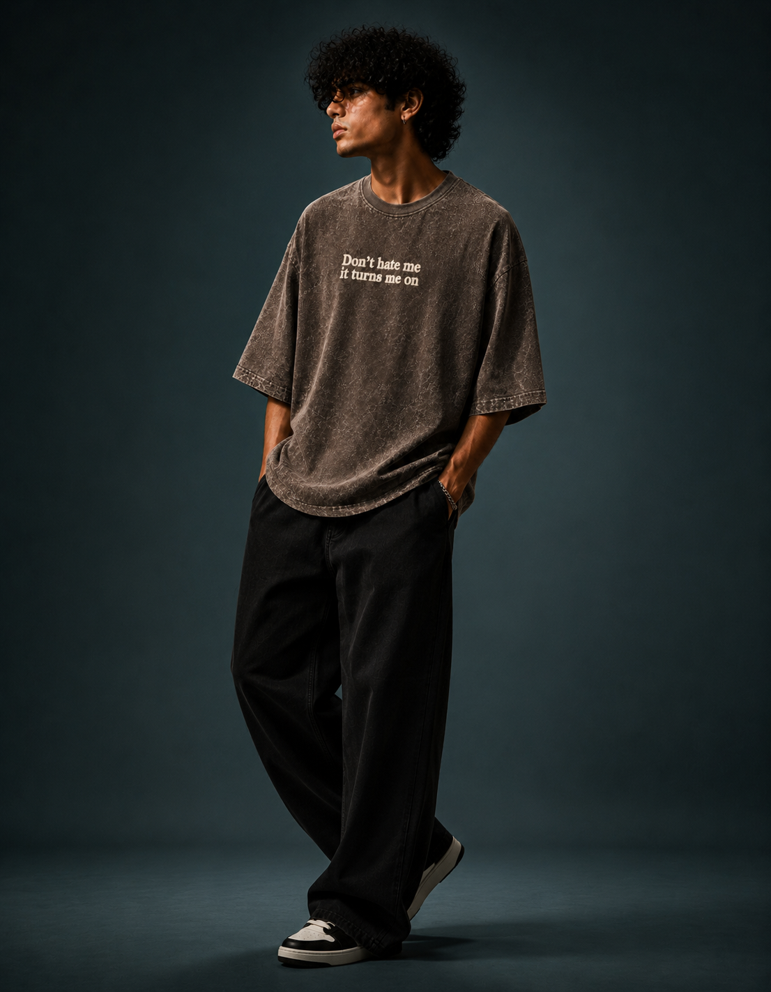 UpClothing Don't Hate Me 240 Mocha Brown acid wash oversized T-shirt — three-quarter editorial fit on Teal Slate backdrop