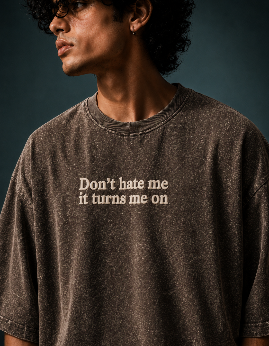 UpClothing Don't Hate Me 240 Mocha Brown acid wash oversized T-shirt — torso detail showing puff print and oversized fit