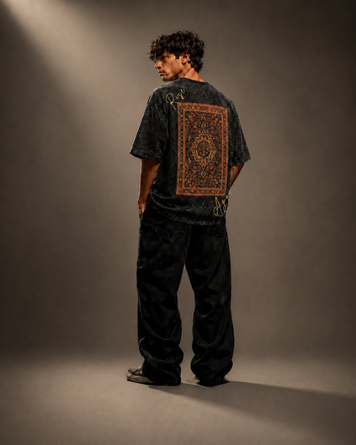 UpClothing Hope Archive 240 Onyx black acid-wash oversized T-shirt — Rise Again back hero on warm taupe studio background