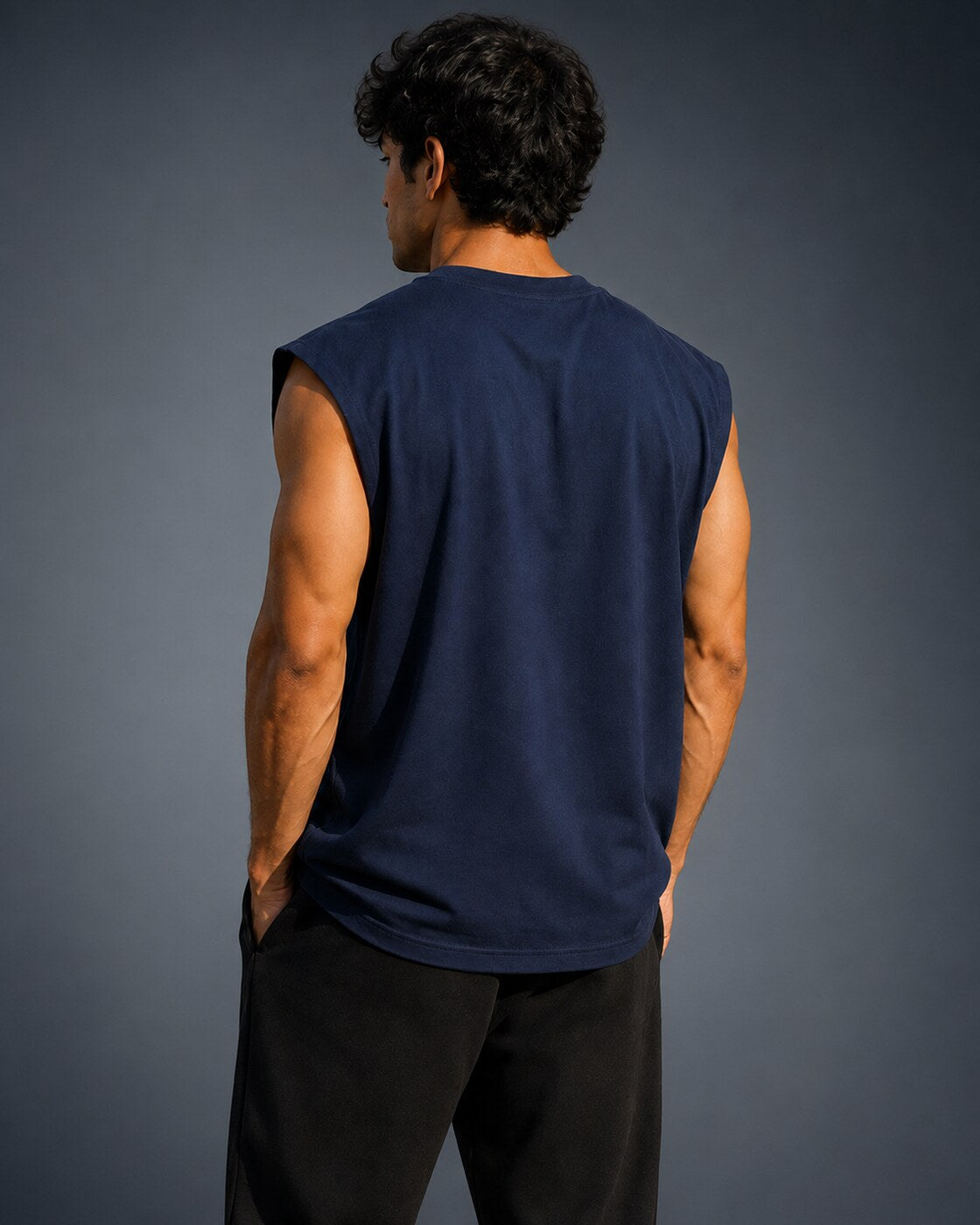 UpClothing Off-Duty Oversized Vest in Navy back view showing oversized drape